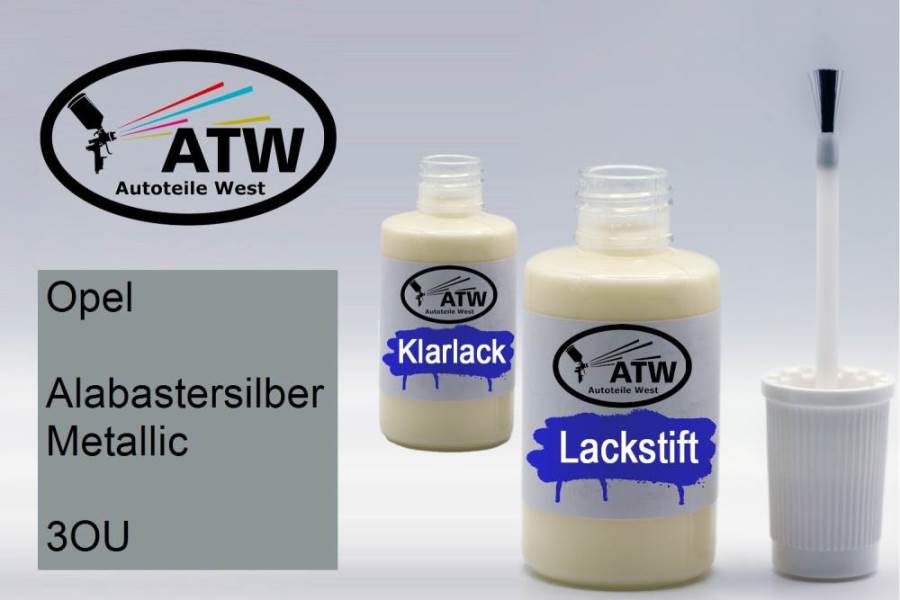 Opel, Alabastersilber Metallic, 3OU: 20ml Lackstift + 20ml Klarlack - Set, von ATW Autoteile West.